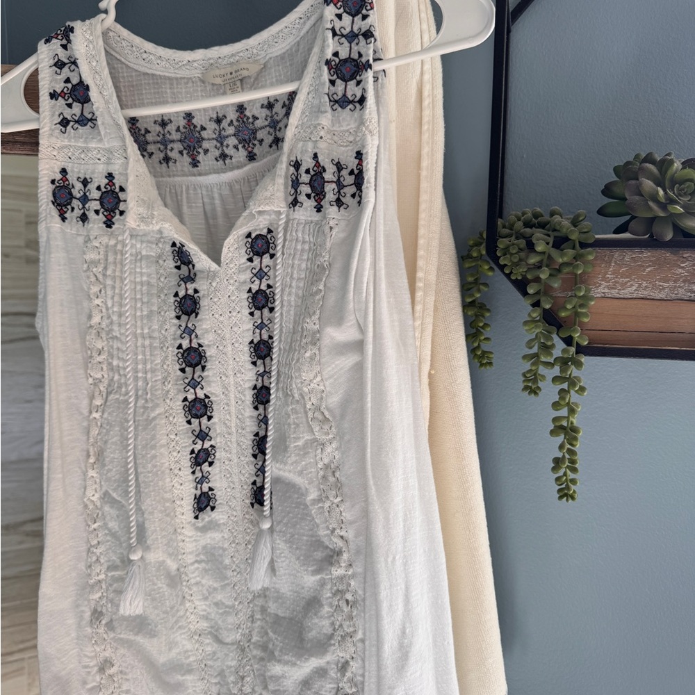 Lucky Brand White Top with Blue Embroidery
